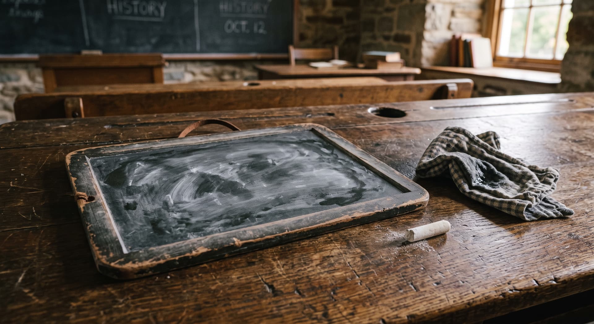 A well-used slate chalkboard on a wooden desk — board reporting built on a single source of truth