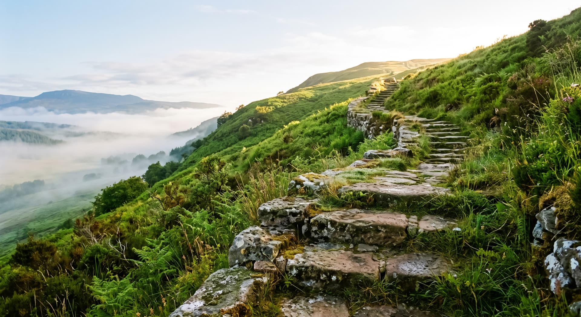 A stone path climbing a green hillside — operations moving forward step by step