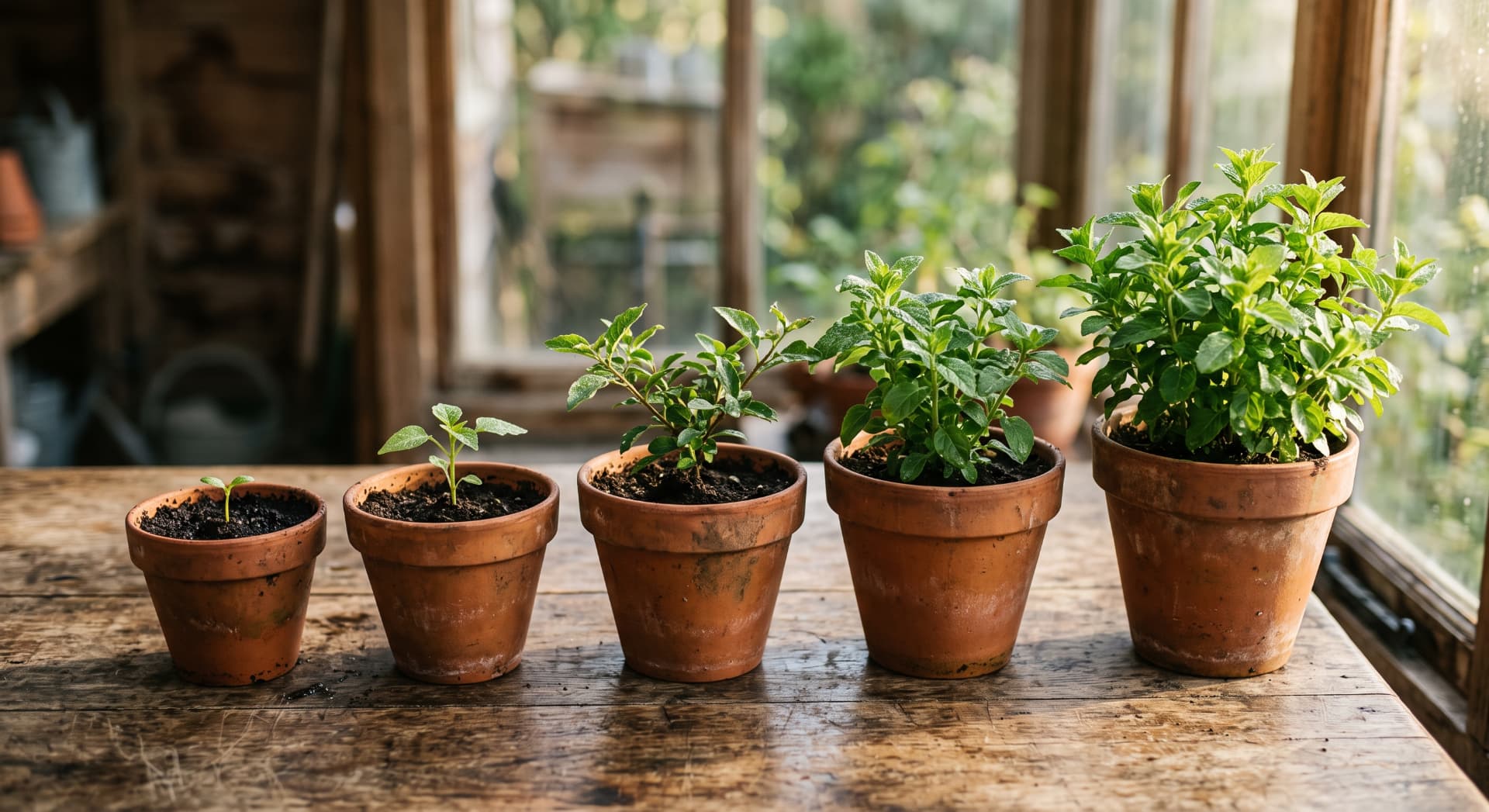 Seedlings growing in a row of terracotta pots — investments that compound over time