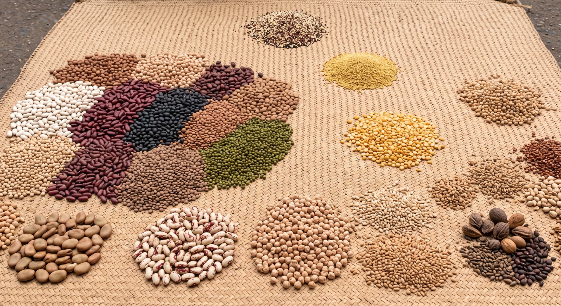 Grains and pulses arranged in patterns on a woven mat — patterns and anomalies surfaced by machine learning